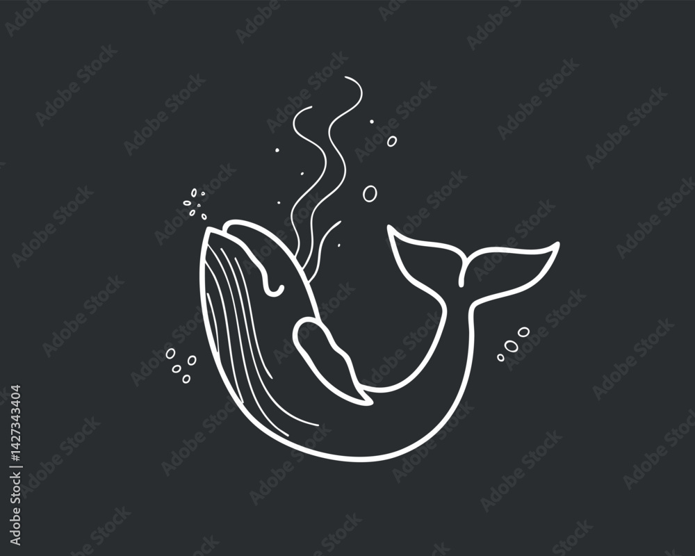 Poster a simple line drawing of a whale swimming in the ocean with bubbles and waves.