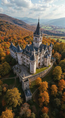 Naklejka premium huge medieval castle surrounded by beautiful nature in autumn with beautiful yellow and red leaves on trees, aerial view, drone shot