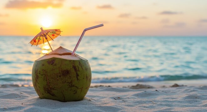 Coconut drink with straw and umbrella on a sandy beach at sunset overlooking the ocean water