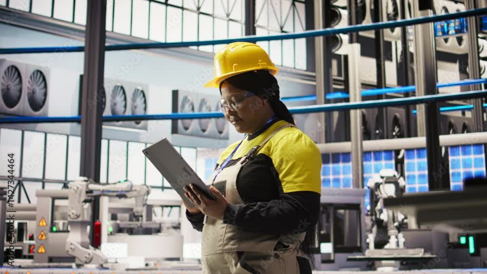 Poster smiling engineer in smart factory performing predictive maintenance using tablet, analyzing iot sens