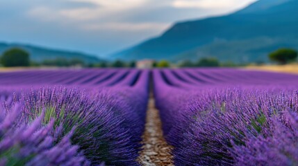 Obraz premium Vast lavender fields under a cloudy sky.