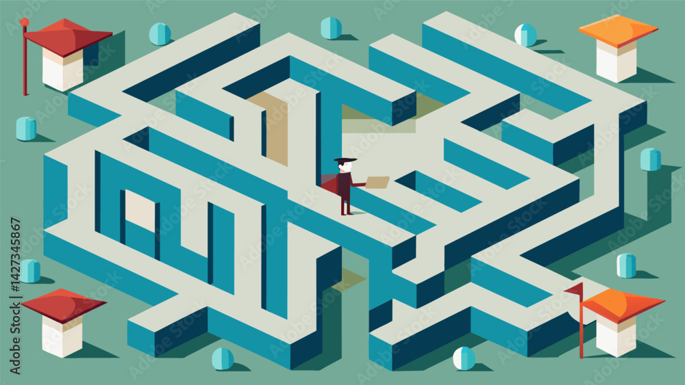 Poster a maze is drawn out on a piece of paper with each dead end representing a different major and the di
