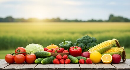 Fresh farm vegetables and fruits on wooden table with sunny field background. Local produce display for healthy eating, agricultural concept. Organic food variety for farm-to-table cooking.