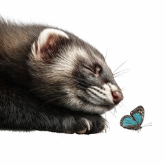 Fototapeta premium Serene Polecat Sleeping with a Blue Butterfly