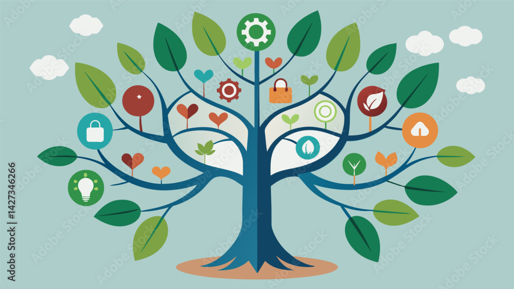 Poster a tree with a complex network of interwoven branches and vines representing the different aspects of