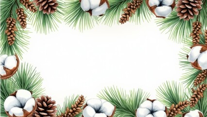 Watercolor frame of pine branches, cones, and cotton on white