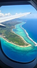 Aerial view from airplane window of tropical island with turquoise water and white sand beaches