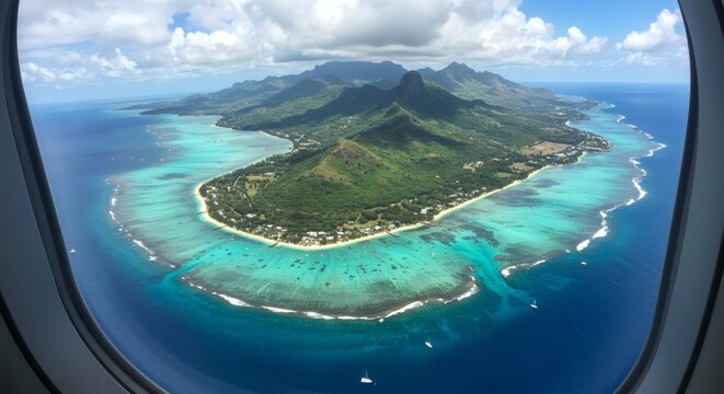 Fototapeta Aerial view of a tropical island with mountains and turquoise waters seen from an airplane window