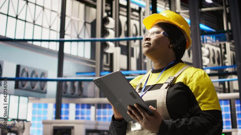 Poster upbeat professional working in smart factory oversees robot production lines, ensuring quality contr