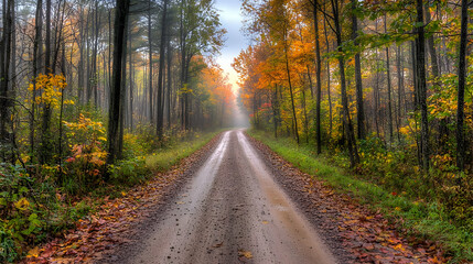 Obraz premium Autumn Forest Dirt Road With Fall Foliage