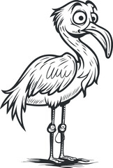A whimsical cartoon illustration of a funny bird character with exaggerated features.