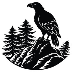 Obraz premium Majestic Black Eagle Perched on Mountain Peak Vector Illustration | Wilderness Scene with Pine Trees | Nature Graphic Design
