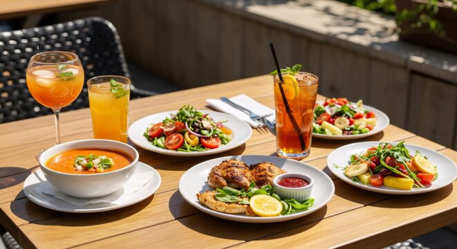 Fresh local food variety on wooden table outdoors. Healthy farm-to-table meals with salads, soup, and drinks. Colorful summer lunch or dinner menu for restaurant or cafe.