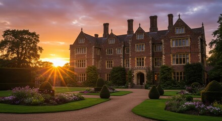 Historic red brick mansion with Tudor or Elizabethan architecture at sunset
