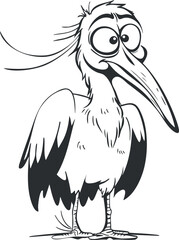 A whimsical cartoon bird with a long beak and playful expression in black and white.