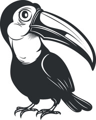 A cartoon illustration of a toucan with a large colorful beak and playful expression.