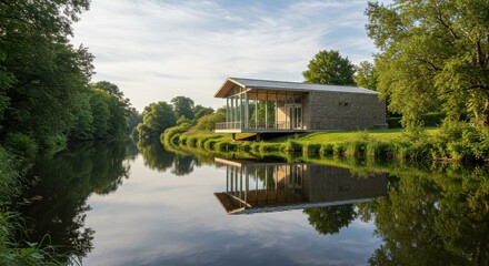 Obraz premium Modern stone and glass building with overhanging roof reflected in calm water