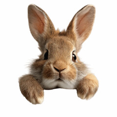 Fototapeta premium Adorable Brown Bunny Rabbit Peeking Over Blue Background