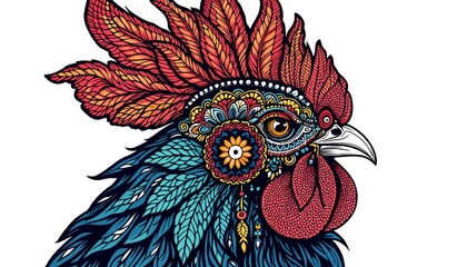 Naklejka premium Colorful Rooster Portrait: A close-up of a decorative rooster head showcases vibrant colors and intricate details, radiating a sense of cultural richness.