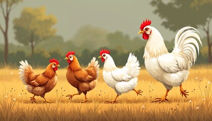 Fototapeta premium Farmyard Promenade: A charming tableau unfolds as four chickens strut across a sun-kissed field, each feathered form a testament to rural serenity. The rooster stands tall, leading his flock