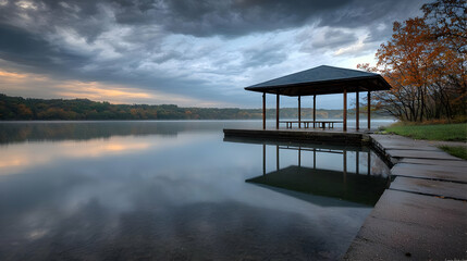 Peaceful Lakeside Pavilion at Dawn