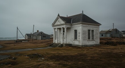 Weathered coastal building with classical architecture and rusted crane in rural setting