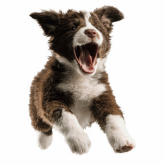 Fototapeta premium Joyful Brown and White Puppy in Mid-Air Leap