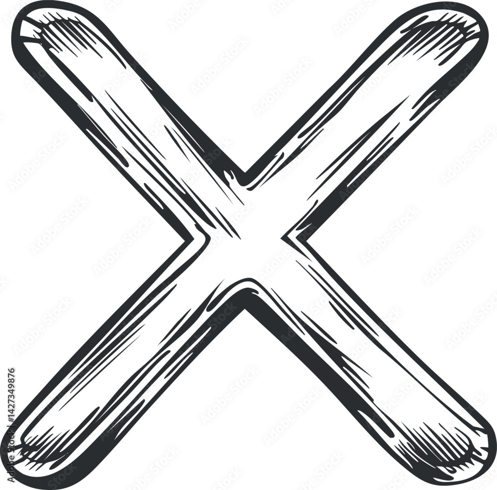 Poster a hand-drawn sketch of a cross symbol with rough edges and texture.