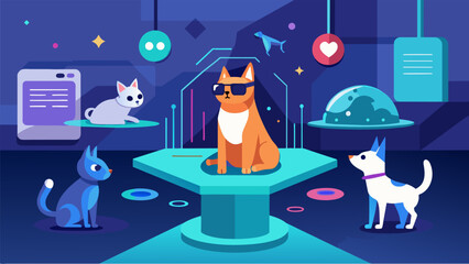 A futuristic pet training academy leveraging the use of augmented reality to create more engaging and enjoyable learning experiences for pets.. Vector illustration