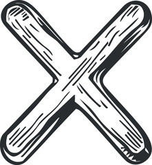 A hand-drawn wooden cross symbol representing a cancel or error mark in graphic design.