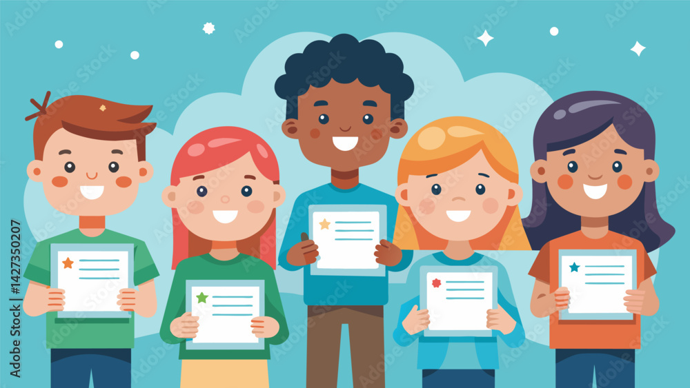 Poster a group of smiling children proudly holding up their digital citizenship certificates each with thei