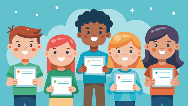 A group of smiling children proudly holding up their Digital Citizenship Certificates each with their own unique design and personalized name.. Vector illustration