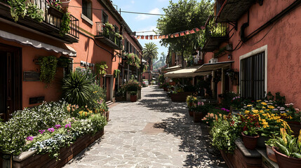 Obraz premium Colorful Italian Alleyway With Flowers And Cafes