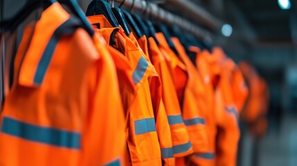 Row of vibrant orange high-visibility safety jackets hanging on a rack for industrial use