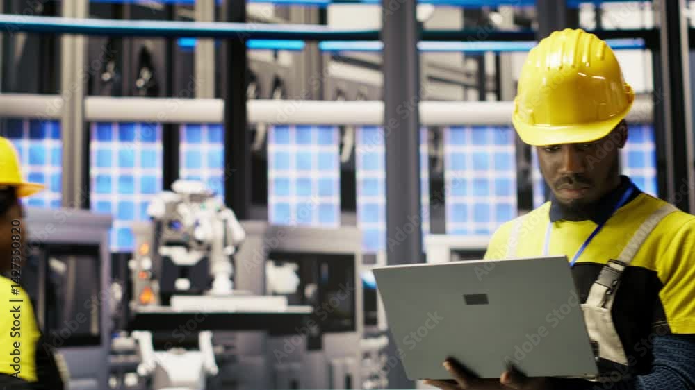 Poster engineer in smart factory implementing renewable energy solutions by integrating solar technology wi