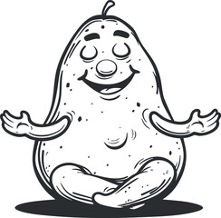 A cheerful cartoon potato character meditating with a happy expression and relaxed posture.