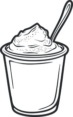 A simple illustration of a cup filled with creamy ice cream and a spoon.