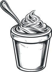 A detailed illustration of a cup of ice cream with a swirl on top and a spoon.
