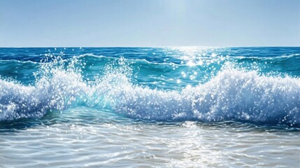 Fototapeta premium Sparkling ocean waves crash on a sun-drenched beach.