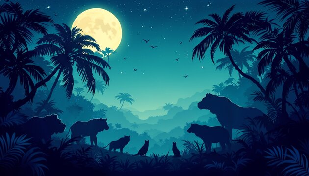 Lion's Serenade in Moonlight: A captivating illustration unveils lions under the gentle glow of a full moon, amidst lush foliage and silhouetted palm trees. An atmospheric landscape for dreaming.
