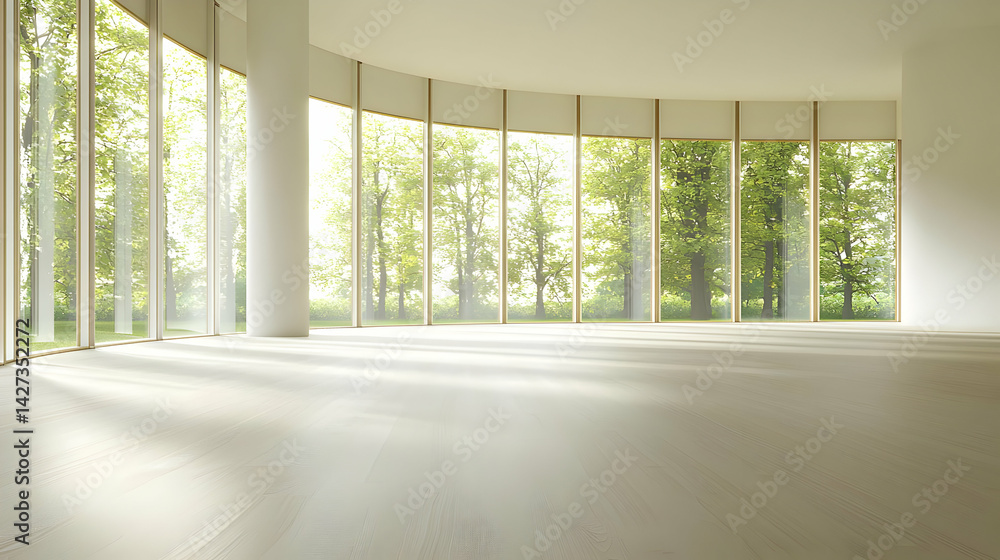 Poster modern empty room with large windows and tree view