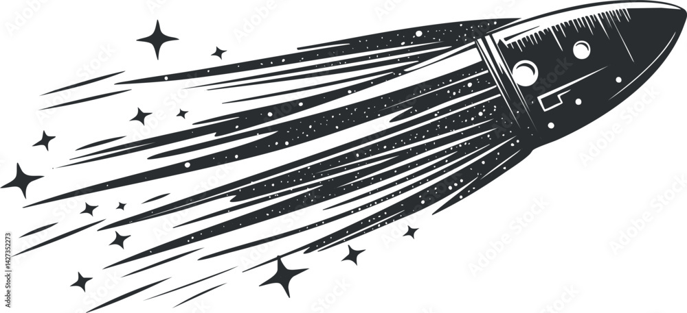 Poster a dynamic rocket illustration depicting speed and exploration through space with stars.
