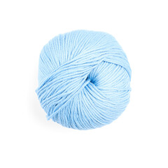 Light blue woolen yarn isolated on white, top view