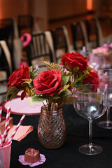 flowers in a vase, interior of restaurant, interior of restaurant in the evening, table setting, glasses on the table, wedding table setting, table set for a party, party hall, assembly room