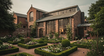 Obraz premium Large red-brick building with industrial aesthetic and greenhouse, surrounded by a colorful garden