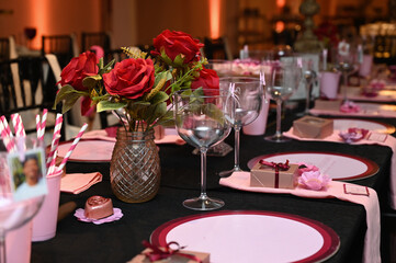 interior of restaurant, interior of restaurant in the evening, table setting, glasses on the table, wedding table setting, table set for a party, party hall, assembly room, party table setting
