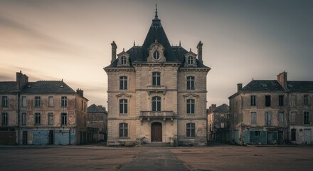 Fototapeta premium Historic building with ornate stonework in a quiet, empty urban square