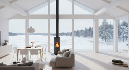 Fototapeta premium Modern living room with fireplace and panoramic view of snowy landscape