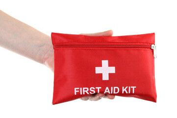 Woman first aid kit on white background, closeup
