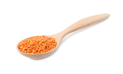 Raw lentils in wooden spoon isolated on white